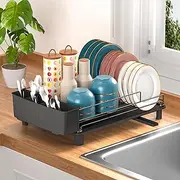 EZKOXAH Large Dish Drainers Tableware Drying Rack with Drip Tray and 360° Rotating Nozzle & Carbon Steel Rustproof Removable for Kitchen Sink Counter Storage & Organisation (Single Layer (Black))