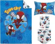 Spidey Toddler Cot Bed 4 Pc Comforter Quilt Sheet Set Boys Spiderman Blue