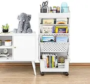 5 Tier Mobile Bookshelf,Removable Movable Unique Bookcase,Mobile Book Cart Organizer Bookshelves for Office, Dorm, Classroom, Nurser,White