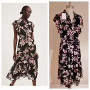 NWT WITCHERY Flutter Sleeve Shirt Dress [12 M] women's FLORAL JET BLACK RRP$179