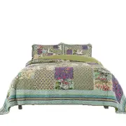 Cotton patchwork bedspreads sets with real stitched embroidery floral pattern （1 quilt plus 2 pillowcase）