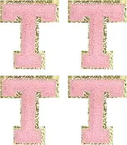 sourcing map Chenille Letter Patches 2.2" Self Adhesive Alphabet T Stick on Embroidered Patch Sew on Letter Stickers Applique for Repairing Clothing Jeans Shoes Hats DIY(Pink, Pack of 4)