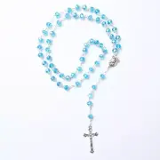 55cm Rosary Crystal Beads Silver/Cyan with Crucifix Religious Christian Catholic