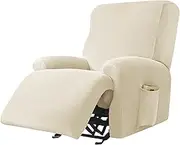 Morbuy Stretch Recliner Cover 4 Pieces, Solid Color Velvet Reclining Sofa Slipcover for 1 Seat, Non Slip Washable Furniture Couch Cover Protector with Elastic Bottom and Pocket (1 seat,Beige)