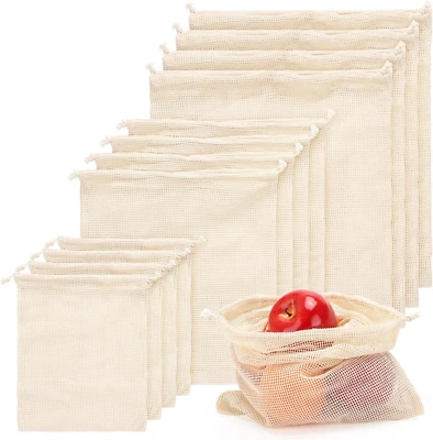Reusable Produce Bags Grocery Washable - Set of 12 Cotton Mesh Produce Bags for