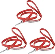 Kisangel 3pcs Leash Red Lead Soft Pu Leather Pet Walking Lead Sparkly Rhinestone Detail