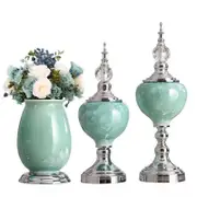 3 pieces Ceramic table decor vase blue body chrome silver base