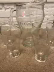 Coca Cola - Coke Collectible 3 Pc Set. 9.5” Pitcher With 4 Glasses