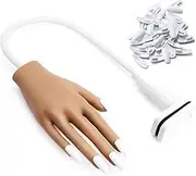 YUEMING Practice Hand for Acrylic Nails, Nail Tips Flexible Training Hand with Clear False Nails, Nail Art Hand Tools Adjustable False Finger Nails Salons Home DIY Nail Art