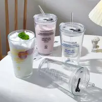 在飛比找ETMall東森購物網優惠-法式簡約水杯女韓版ins字母玻璃吸管杯耐熱高顏值帶蓋牛奶咖啡