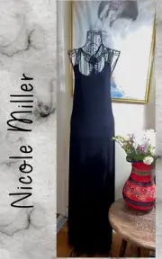 NICOLE MILLER Black Silky Knit Halter Dress W/Strappy Back-Maxi-Dropped Waist-XS