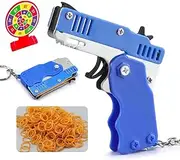 Momo&Nashi Rubber Band Gun with Projectile, Mini Toy Weapons,Foam Dart,Fidget Keychain RubberBand Toys, Mini Metal Folding Launcher Toy with 60 Elastic Rubber Bands for Game Outdoor Activities(Blue)