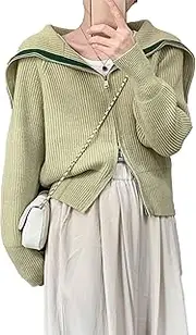 [Generic] Cardigan Zip Up Sweater For Women Lightweight Long Sleeve Open Front Outwear Winter Chunky Knit Button Down Jacket, Green, Medium