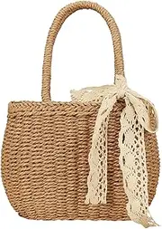 [Generic] Straw Tote - Beach Straw Bag with Bow,Reusable Shopping Bag for Women, Travel Bag, Elegant Clutch, Vacation Purse
