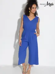 Pour Moi Blue Maya 100% Cotton Slub Jersey Built Up Cropped Leg Jumpsuit (B58469) | $90