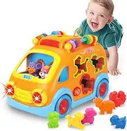 REMOKING Baby Toys 12-18 Months, Montessori Toddler Toys for 1 2 Year Old Boy Girl Gift, Musical Bus with Lights & Music,Shape Color Sorter,Rotating Gear,Sensory Educational Car for Baby Crawling