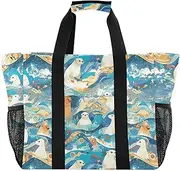 [sanluoli] Totes Foldable Beach Tote With Compartments with Handles Canvas Laundry Bag, White Seal Japanese Style Waves, 1 size
