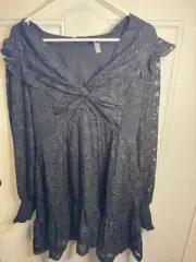 Aqua Dress Womens Large Black Sheer Ruffles Floral Print Whimsy Fairy Goth NWT
