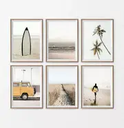 Set of 6 Yellow Van Surfing Palm Tree Boho Sea Wave Matching Wall Art Print.