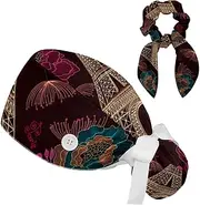 [FVQL] 2 Pcs Nurse Caps for Women, Surgical Cap with Hair Scrunchies, Ponytail Scrub Cap, Vintage Floral Flowers Paris Pattern