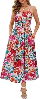 [Annebouti] Women 2025 Summer Spring Ruched Maxi Dress Adjustable Spaghetti Strap Floral Beach Long Sundress with Pockets