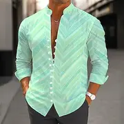 Men's Gradient Chevron Shirt Stand Collar Shirt Long Sleeve Casual Vacation Daily Wear Going out Spring Fall Mandarin Collar Band Collar Button-Down Linen Like