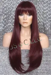 Human hair Blend Heat Safe 29" Long Cabernet Red wig bangs layered sides WSK