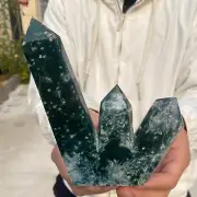 1.4lb Natural moss agate quartz obelisk crystal tower point spiritual decoration