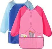 2PCS Kids Art Aprons for Age 7-12 Years Girls Boys, Waterproof Art Smock Artist Painting Aprons Long Sleeves with 3 Pockets for Painting, Craft, School(Blue, Pink)