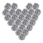 25Pcs Glitter Roses, Foam Artificial Flowers Roses Heads with Stem, Silver