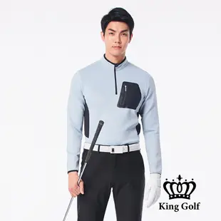 【KING GOLF】男款包邊撞色口袋素面中厚立領拉鍊長袖POLO衫-灰色