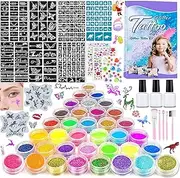 Glitter Tattoos Children's Set Girls Temporary 36 Colours, 221 Children's Make-Up Stencils, 242 Rhinestones, 3 Glues, DIY Glitter Tattoo for Birthday, Party, Easter Festival