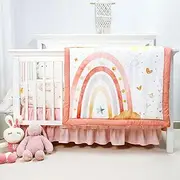 CARUILI Crib Bedding Set for Girls, 4-Piece Pink Baby Crib Bedding Set, Rainbow Crib Sets Includes Comforter, Fitted Crib Sheet, Crib Skirt, and Diaper Stacker