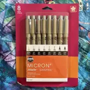 Sakura MICRON Brush Graphic Archival Black 8 Pens Pigma Ink Waterproof New NIB