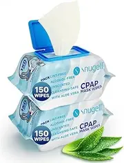 [Snugell] CPAP Mask Wipes (150 Count, 2 Pack) - Unscented - 100% Soft Cotton - Lint & Alcohol Free - Skin Safe with Aloe Vera - Easy Open - Clean