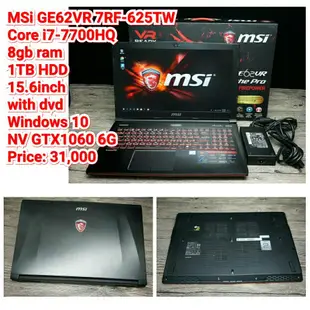 MSi GE62VR 7RF-625TWCore i7-7700HQ8gb ram1TB