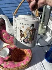 Vintage Wicker Picnic Basket With Tea Pot And Cups