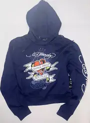 Women's Ed Hardy Broken Hearts & Fairytales Large L Navy Blue Hoody NWT. Sweet!