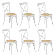 Oikiture 6PCS Crossback Dining Chair Solid Birch Timber Wood Ratan Seat White