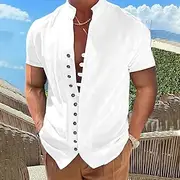 Men's Linen Shirt Summer Shirt Beach Wear Button Up Shirt Plain Vacation Curise Black White Pink Blue Short Sleeve Stand Collar Spring Summer Clothing Apparel