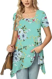 POPYOUNG Ladies Tunic Tops to Wear with Leggings Short Sleeve Floaty Square Neck Blouse Summer Dressy Casual Longline Shirts for Women