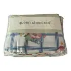 Vtg Sears Floral Rose Blue Lattice QUEEN Sheet Set Fitted Flat Pillow NIP USA