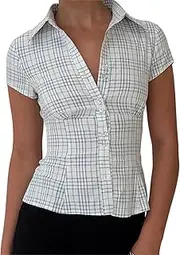 [Thopavenoir] Women Y2k Slim Button Down Shirt Short Sleeve Open Front Cardigan Crop Top 90s Vintage Coquette Blouse Streetwear