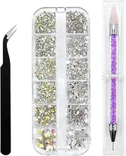 Medsuo 1500pcs Clear Rhinestones in 6 Sizes Flat Back Shiny Crystal AB Nail Art Gems with Tweezer and Rhinestone Picker Dotting Pen Nail Art Tools for Nails, Face Eye Makeup, Craft