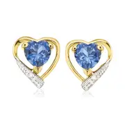 9ct Yellow Gold Round Brilliant Cut Created Blue Sapphire & Diamond Set Heart Stud Earrings