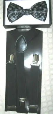 Kids Teens Black/White Polka Dot Bow Tie & Black Adjustable Suspenders Combo-New