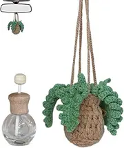 Crochet Car Air Freshener, Refillable Oil Diffuser Bottle with Decorative Plants, Rearview Mirror Hanging Pendant