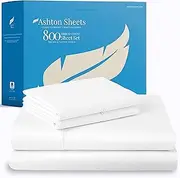 [Ashton Sheets] 100% Egyptian Cotton Queen Sheet Set - 800 Thread Count 4 PC Egyptian Cotton Sheets Queen Size, Luxury Sheets, Soft, Cooling, High Thread Count Sateen Sheets, 16" Deep Pocket - White
