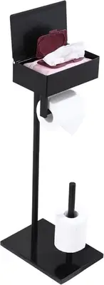 Elegant Matte Black Toilet Paper Holder with Wipes Shelf – Free Standing Design