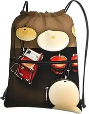 EdWal Drum Set-Standard Print Drawstring Backpack Gym Bags Sports Bags With Zipper Pocket For Travel Beach, Black, One Size